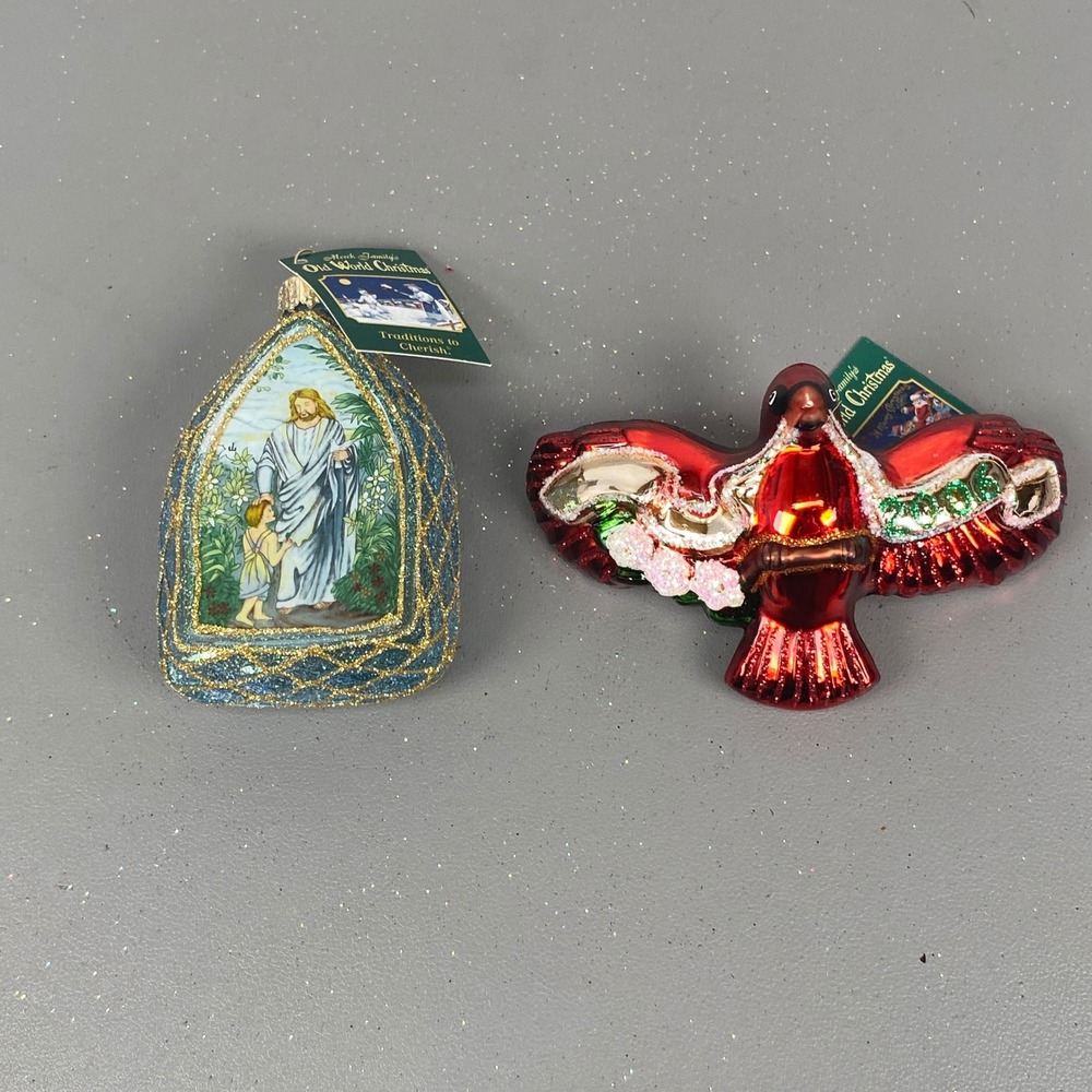 Old World Christmas Glass Holiday Ornaments Jesus Inside Art & Red Cardinal Set